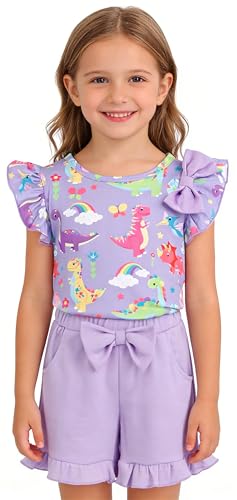 Image of Barlver Girls 2 Piece Short Set Baby Girl Summer Clothes Ruffle Sleeve T-Shirt and Bow Knot Shorts Toddler Girl Outfit Set