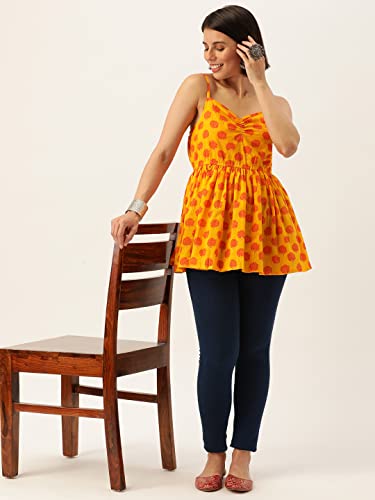 Image of FABRIC FITOOR Cotton Yellow & Orange Floral Print Strapped Peplum Top Girls /Women's /Ladies