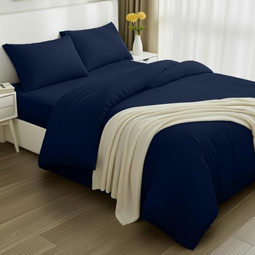 Utopia Bedding - Funda nordica Cama 135, Sabana Bajera 135x190 y Fundas Almohada (50x75cm) - Funda nordica 200x200 - Juego de Cama de Microfibra cepillada Suave (Azul Marino)