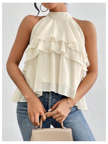 OYOANGLE Women's Layered Ruffle Hem Sleeveless Halter Chiffon Blouse Flowy Tank Tops3
