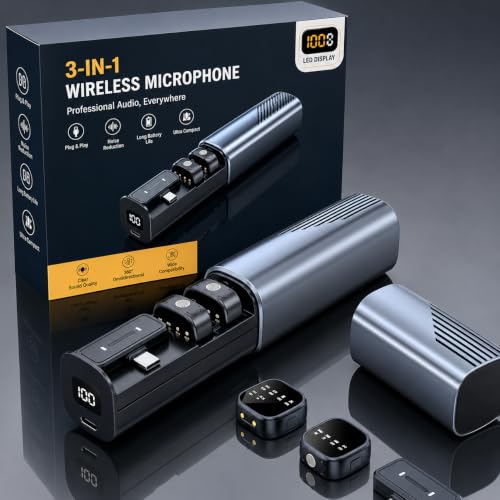 Image of 3-in-1 Wireless Microphone for YouTube, Vlogging & Recording, Dual Wireless Lavalier Mic with AI Noise Cancellation, Type-C Receiver, Charging Case & LED Battery Display for Android Smartphones
