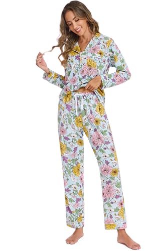 Image of LUBOT 100% Cotton Pajamas for Women Pajama Set 2 Piece PJ Sleepwear Set Soft Ladies Button Knit Long Sleeve Loungewear XS-XXL