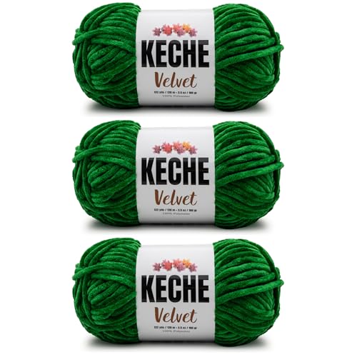 Image of Keche Velvet Yarn for Crocheting, Soft Chenille Bulky Baby Blanket Amigurumi Yarn 3x100 gr (3x132 yds) (3- Skeins) - Green
