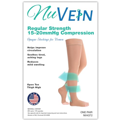 Image of NuVein Medical Compression Stockings, 15-20 mmHg Support, Soft Comfort Microfiber, Thigh Length, Open Toe, Beige, Medium