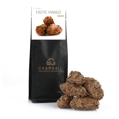 CHAMBALL Caja de Chocolates Belgas Artesanos - 7 Trufas Rellenas de Praline de Mango con Escamas de Chocolate Ideal para Disfrutar y Regalar - Surtido de Bombones Premium de Origen Belga