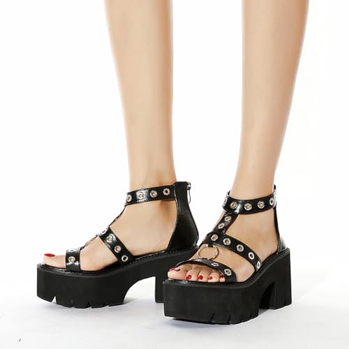 Image of Gothniero women black platform sandals goth chunky wedge heel summer sandals girls gothic punk platform sandals for women metallic spider buckles slides size 5.5-11