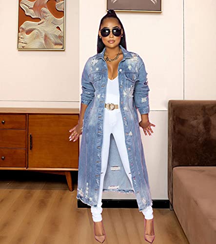 ebossy Women's Ripped Out Distressed Washed Long Blue Denim Jacket Trench Coat3