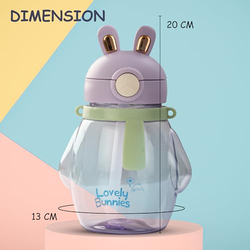 Image of Baybee Lovely Bunnies Kids Water Bottle 600ml | BPA Free & Leakproof Safe Sipper Bottle with Straw | Cute Rabbit Design Smooth Sipping with Handle & Neck Strap,Flip Lid for School Kids & Babys(Purple)