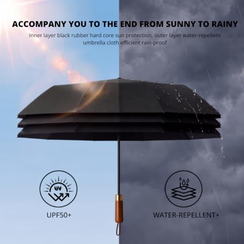 Image of ginoya brothers 3-Fold Folding Travel Umbrella with Wooden Handle Automatic Open & Close UV Protection Umbrella for Men & Women Compact Windproof Sun & Rain Protection