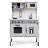 Jeridoo Wooden Kitchen Little Chef's Kitchenette Set with Light-up Oven, Microwave, ice Maker, Pretend Playset for Toddlers 3-6 Years.