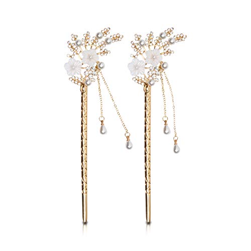 Pearl Hair Chopsticks for Women, Gold Rhinestones (2 Pack)