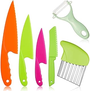 AKlamater 6PCS Kitchen Safety Knives for Kids, 4PCS Children's Cooking Knives in 4 Sizes, Plastic Cutting Board & Paring Knife for Vegetables Fruits Salad Cheese(Green)