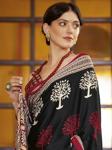 Image of SAREE MALL Women's Ajrkh Print Satin Crepe Polka Dot Printed Saree With Unstitched Blouse Piece