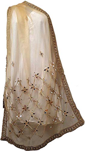 Indian Bollywood Mirror Work Gold Net Dupatta Scarf, Shawl, Chunni - Latest Wedding Women's Stole, Wraps With Gold Latkan