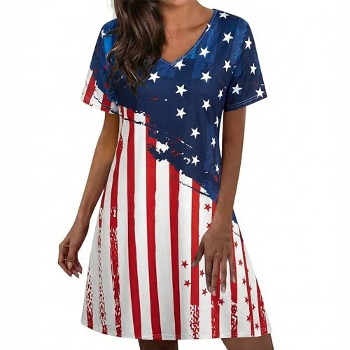Image of LUKYCILD American Flag Dress Women 4th of July Patriotic Shirt USA Stars Stripes Dresses Sexy V- Neck Summer Sundress