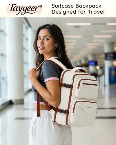 Image of Taygeer TSA Approved Under Seat Backpack, 35l College Backpack for Women | Personal Item Bag for Airplanes Fits 15.6 Inch Laptop, Travel Bag with Water Bottle Pocket & Shoe Pouch, Khaki White