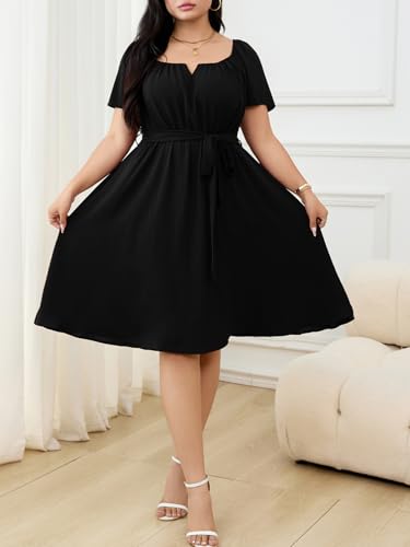 Image of RWJ Plus Size Women Dress V Neck Short Sleeve Mini Formal Wedding Cocktail Party Dresses with Belt