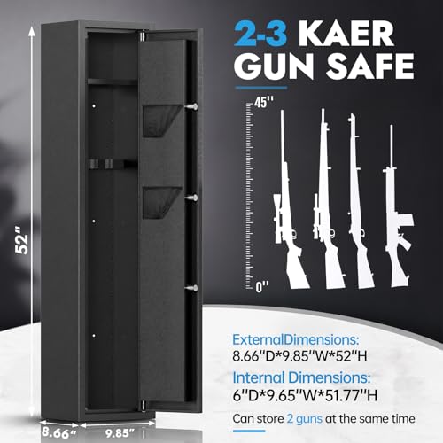 Image of KAER 2-3 Gun Safe Cabinet with Digital Keypad for Rifles & Pistols | Black anti-pry steel gun cabinet with digital keypad & spare keys, holds 2-3 guns with ammo shelf, wall /floor mountable