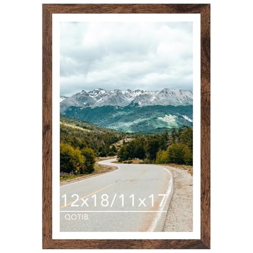 QOTIB Wood 12x18 Picture Frame with 11x17 Mat, Display 11x17 with Mat or 12x18 Without Mat, Wood 12 by 18 Photo Frame, 12 x 18 Frame for Wall Hanging Display, Deep Brown
