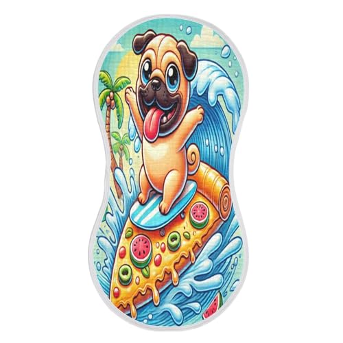 Surfing Pug Pizza Azure Baby Burp Cloths Muslin Burp Cloths Soft Burp Cloth Burp Rags Cotton Burp Clothes Absorbent for Boy Newborn Girl Unisex 1 Pack 22x11 Inches