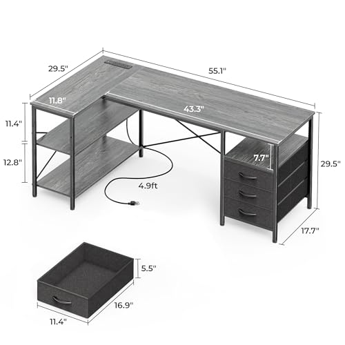 Huuger L Shaped Office Desk with Power Outlets, 55 Inch Computer Desk with 3 Drawers, Shelves, Reverisble for Gaming Corner Work Home Office Study, Grey