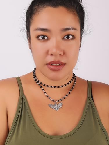 Sacina Layered Black Moth Skull Choker, Black Beaded Choker, Gothic Goth Necklace, Christmas Jewelry Gift for Women3