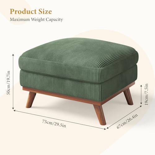 Vesgantti Large Ottoman for Modular Sofa, 29.5\" Corduroy Pouf Ottoman with Spring Cushion, Rectangle Foot Rest for Couch, Entrance Footstool with Wood Legs, Footstool for Living Room, Bedroom, Green - Thumbnail 2