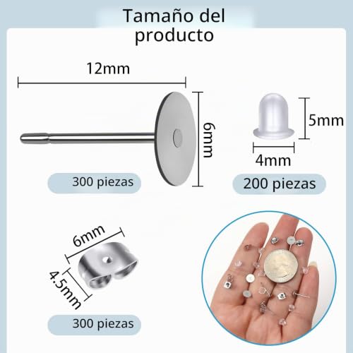 Miniatura 2 de Toaob 800 Piezas Postes De Pendientes De Acero Inoxidable Almohadilla Plana De Plateado De 6mm Y Tuercas Pendientes De Mariposa Y Plásticos Para Fabricación Bisutería Joyería
