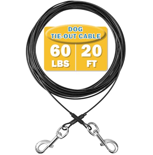 Cable de amarre para perros, 20 pies para perros a prueba de masticación, cable de amarre resistente para perros de hasta 60 libras, línea de amarre duradera para exteriores (negro, 60 libras, 20 pies