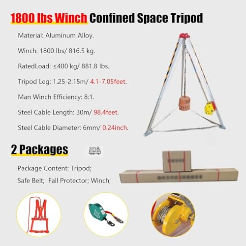 Trépied robuste pour espaces confinés avec treuil et système d'arrêt de chute pour les opérations de levage et de sauvetage dans les puits et les égouts - Équipement de sécurité pour professionnels