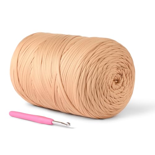 Image of (800g/228yds) T Shirt Yarn, Soft Tshirt Crochet Yarn for Crafts and DIY Knitting Crocheting Cloth/Bag/Basket/Coaster, 100% Polyeste Elastic Fabric Chunky Thick Yarn for Crocheting(Light Tan)