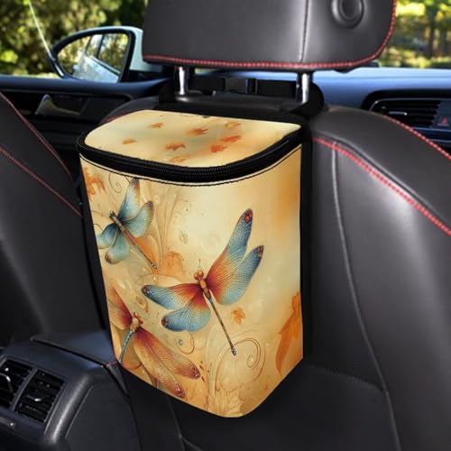 Image of Car Trash Can with Lid Hanging Car Trash Bag Leak-Proof Portable Cars Garbage Bin Sedan Accessories Interior Cars Organizer, Dragonfly Print