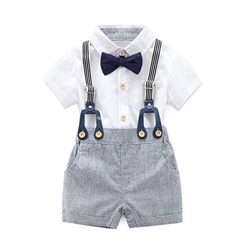 Baby Boys Gentleman Outfits Suits, Infant Short Sleeve Shirt+Bib Pants+Bow Tie Overalls Clothes Set Gray and White