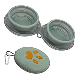 Collapsible Dog Bowls, 2-in-1 Silicone Pet Food and Water Bowl with Carabiner, Portable Double Compartment Dish for Travel, Camping, Hiking Puppy Essentials (Green)