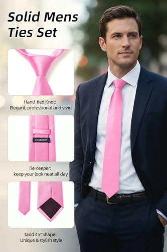 Image of HISDERN Mens Ties Solid Color Ties for Men Formal Necktie with Pocket Square Set Satin Silk Neck Tie Handkerchiefs Set