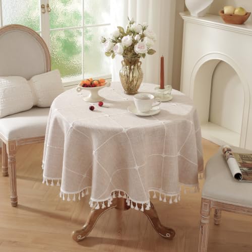 Laolitou Waterproof Tablecloths Rustic Lattice Tablecloth Cotton Linen Coffee Table Cloths for Kitchen Dining,Party,Holiday,Christmas,Buffet, Round, 55", 2-4 Seats