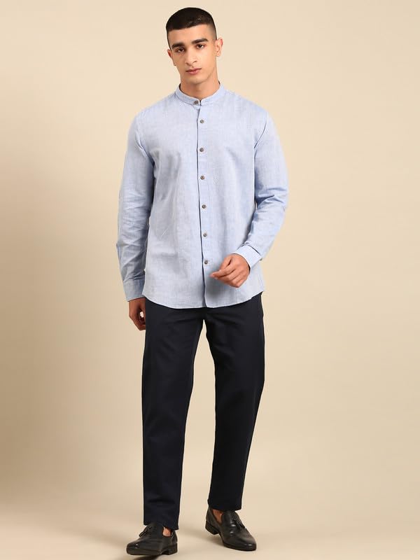 Image of Cavallo by Linen Club Men's Blended Linen Blue Solid Contemporary Fit Full Sleeve Casual Shirt