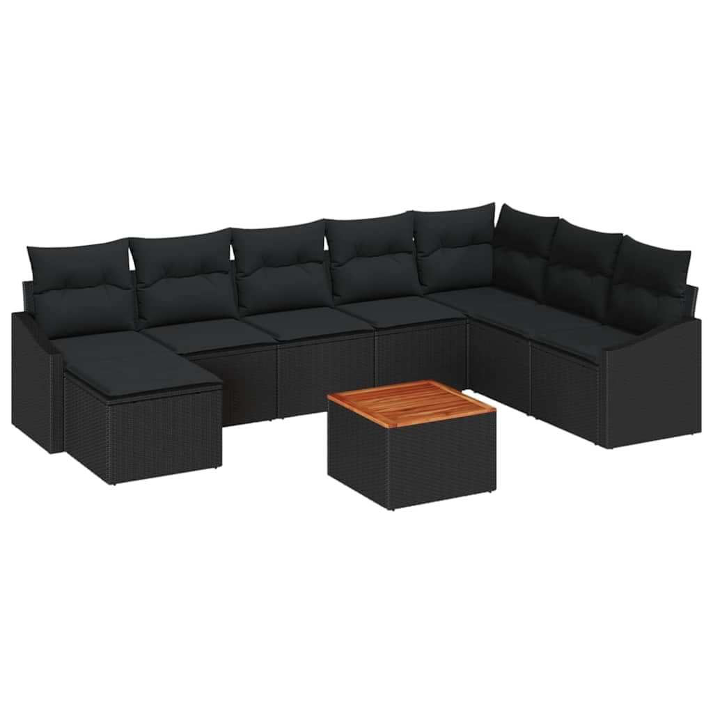 9-częściowy zestaw sof, modułowa sofa ogrodowa z miejscem do przechowywania, odporny na warunki atmosferyczne polirattanowy i drewno akacjowe, na taras, dla 8 osób, meble do jadalni