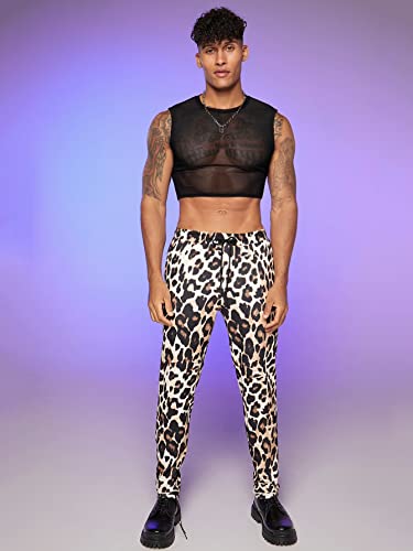 WDIRARA Men's Leopard Print Drawstring High Waist Straight Leg Long Pants with Pockets4