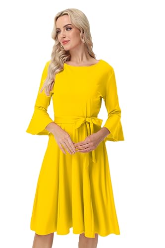 Image of Hostoyo Church Dress for Women Wedding Guest Cocktail Party Dresses Evening Prom Formal Modest Gowns Crew Neck Bell Sleeve