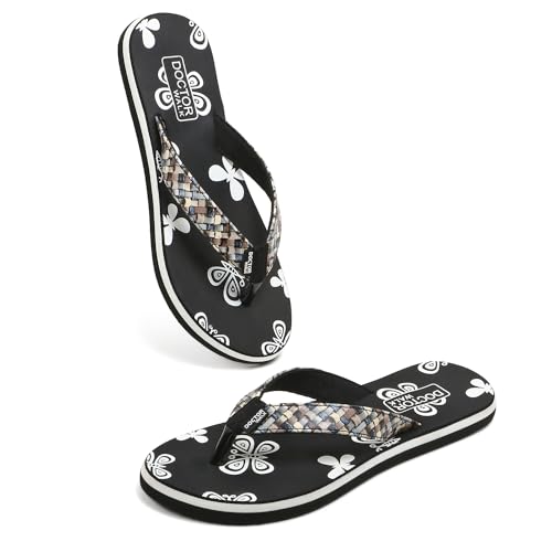 Doctor Walk Women's Butterfly Print Flip Flops with Woven Straps, Black and White, Comfortable Anti-Skid Footbed Slipper
