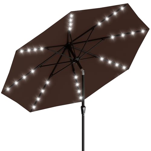 Image of AreShark 9FT Patio Umbrella with Solar Lights, 32 Lighted Pool Umbrella w /Tilt and Crank, Outdoor Table Solar Umbrellas for Garden, Deck, Backyard, Pool and Beach, Light Brown