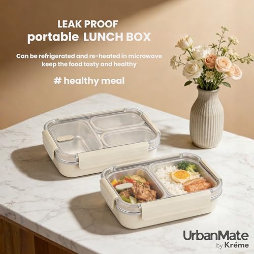 Image of Kreme UrbanMate Bento Lunch Box with Carry Bag 800 ml, 3 Compartment Lunch Box, Stainless Steel, Leak Proof, Spill Proof, Ideal for Adults, Teenagers and Kids, Ivory