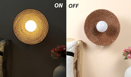 Image of AKWAY Rattan wall Lamps for Living Room | Bamboo wall Lights for Bedroom | Cane wall scones for Home Decoration (Cane Small Saucer - Brown)