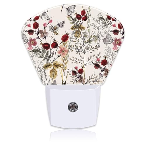 Image of Butterfly Plug in Night Lights, Vintage Flowers Plants Nightlight Plug Into Wall Dusk to Dawn Sensor for Kid Girls Boys Women Men Bedroom, Hallway, Kitchen, Bathroom, Stairs Decor