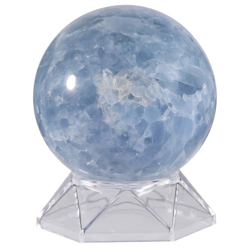 mookaitedecor Natural Celestite Crystal Ball with Acrylic Stand, 71-80 mm Feng Shui Divination Stone Sphere Sculpture for Home Office Table Display