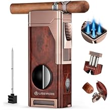 Cigar Lighter, Multifunctional Lighter with V-Cigar Cutter, Cigar Holder, Cigar Punch and Cigar Draw Enhancer, Fillable Butane Torch Lighter, Multi-Purpose Cigar Accessory, Cigar Gifts