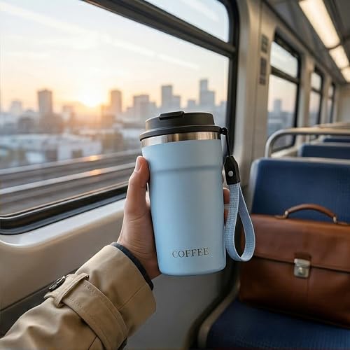 Image of Travel Coffee Tumbler with Lanyard - Insulated Stainless Steel Mug, Leak-Proof, Keeps Hot 6H & Cold 8H - Blue, 400 ML