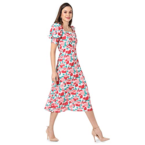 Image of PINACOLADA Women White & Pink Floral Printed Knee Length Casual Dress