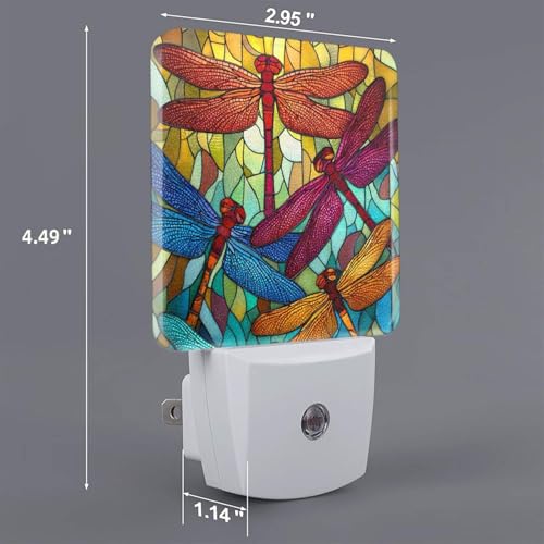 Image of Colorful Dragonfly Night Light Set of 2, Summer Auto Sensor LED Dusk-to-Dawn Nightlights, Plug-in Sensor Lamp for Bedroom Bathroom Kitchen Hallway Stairs Decorative